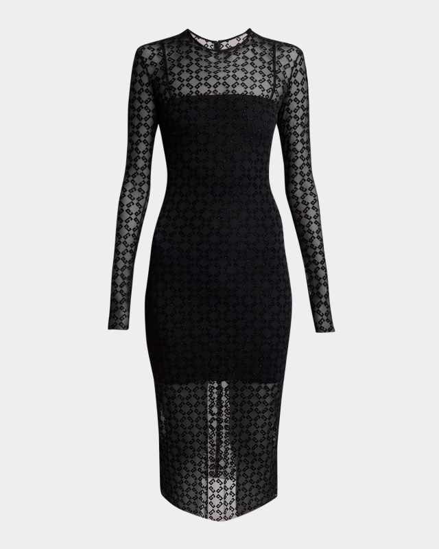 Long Sleeve Tulle Monogram Midi Dress